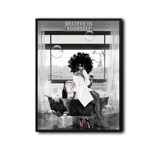 Glam Afro Woman Bathtub Canvas Print, Believe In Yourself Paris Eiffel Tower Motivational Bathroom Wall Art