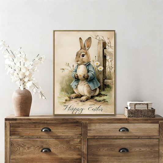 Vintage Happy Easter Bunny Wall Art, Cute Rabbit Holding Decorated Egg Framed Canvas Print, Rustic Farmhouse Spring Decor for Nursery Bedroom Living Room, Light Oak Wooden Frame Retro Easter Wall Decor