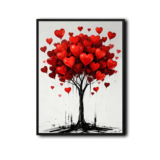 Valentine Red Heart Tree Canvas Wall Art, Ink Style Love Heart Tree Framed Canvas Print, Romantic Modern Bedroom Couple Wall Decor