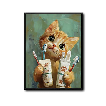 Cute Orange Cat Brushing Teeth Canvas Wall Art Kids Bathroom Cat Decor