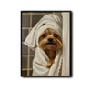 Whimsical Yorkie Bathroom Poster, Elegant Yorkshire Terrier With Lace Spa Towel Print, Humorous Restroom Wall Art For Dog Lovers