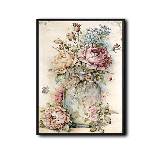 Vintage Glass Mason Jar Pink Peony Rose Butterfly Canvas Wall Art, Antique Script Paper Floral Still Life Vertical Print, Shabby Chic Cottage Farmhouse Flower Wall Decor