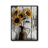 Rustic Sunflower Dark Pitcher Canvas Wall Art, Distressed White Weathered Wood Floral Still Life Vertical Print, Farmhouse Neutral Country Sunflower Wall Decor