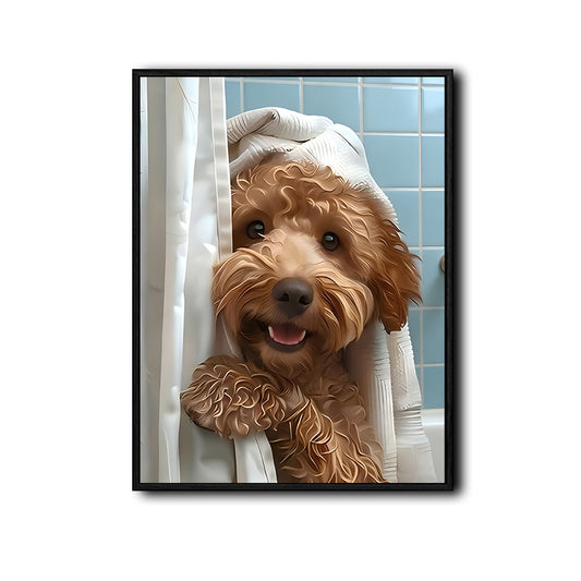 Funny Goldendoodle Bath Time Wall Art, Curly Dog Peeking From Shower Curtain Canvas Print, Quirky Dog Bathroom Wall Decor