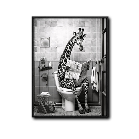 Funny Giraffe On Toilet Reading Newspaper Canvas Wall Art Cute Bathroom Decor
