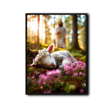 Peaceful Jesus Protecting White Lamb Floral Forest Framed Canvas Print, Religious Inspirational Wall Art for Home & Prayer Room