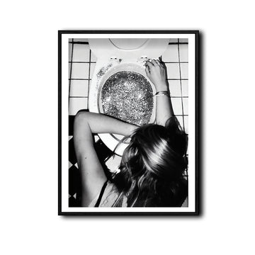 Trendy Black & White Glitter Toilet Girl Wall Art, Edgy Retro Photo Style Bathroom Canvas Poster, Quirky Wall Decor