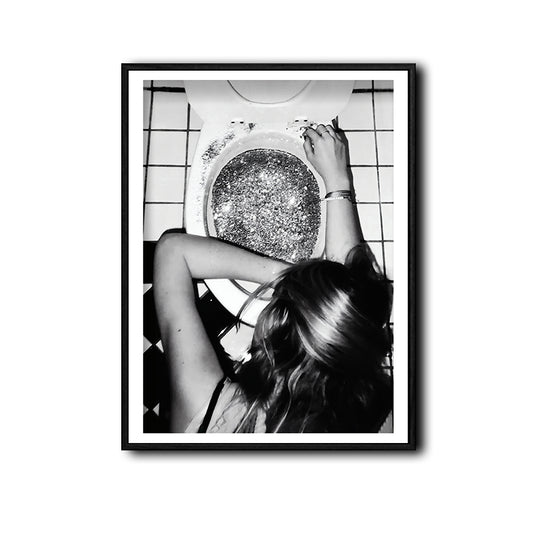 Trendy Black & White Glitter Toilet Girl Wall Art, Edgy Retro Photo Style Bathroom Canvas Poster, Quirky Wall Decor