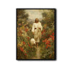Classical Painting Style Jesus Walking With Sheep On Floral Path Framed Canvas Wall Art, Inspirational Religious Farmhouse Decor