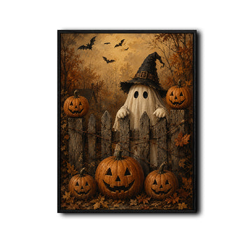 Vintage Ghost Witch Hat Pumpkin Fence Halloween Framed Wall Art Print