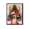 Vintage Christmas Reindeer Canvas Print, Cute Deer Wearing Santa Hat with Gifts & Christmas Tree Wall Art