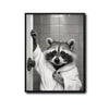 Black And White Raccoon In Bathrobe Opening Bathroom Door Canvas Wall Art Funny Modern Bathroom Wall Decor