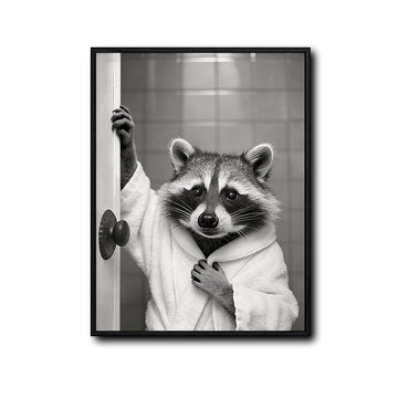 Black And White Raccoon In Bathrobe Opening Bathroom Door Canvas Wall Art Funny Modern Bathroom Wall Decor