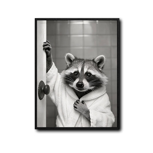 Black And White Raccoon In Bathrobe Opening Bathroom Door Canvas Wall Art Funny Modern Bathroom Wall Decor