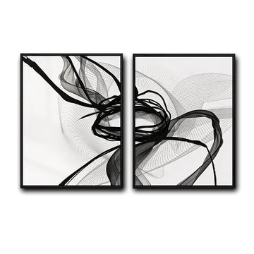 Set of 2 Black Ink Flow Abstract Canvas Wall Art Minimalist Translucent Ribbon Line Framed Wall Decor Living Room Bedroom