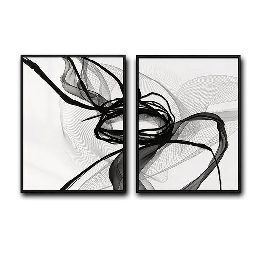 Set of 2 Black Ink Flow Abstract Canvas Wall Art Minimalist Translucent Ribbon Line Framed Wall Decor Living Room Bedroom