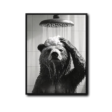 Funny Bear Showering Canvas Wall Art Black White Bathroom Wall Hanging