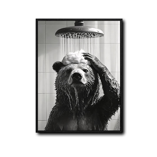 Funny Bear Showering Canvas Wall Art Black White Bathroom Wall Hanging