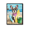French Bulldog Surfboard Beach Lighthouse Canvas Wall Art, Cute Summer Dog Coastal Vertical Print, Nautical Beach House Pet Lover Wall Decor