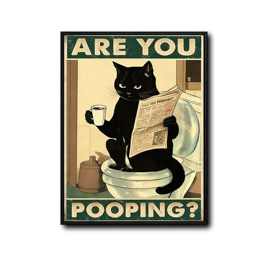 Vintage Black Cat Reading Newspaper On Toilet ARE YOU POOPING Quote Canvas Wall Art Funny Retro Bathroom Wall Decor