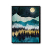 Boho Mountain Forest Night Canvas Wall Art, Full Moon Starry Sky Landscape Print, Teal Gold Abstract Nature Wall Decor for Living Room Bedroom