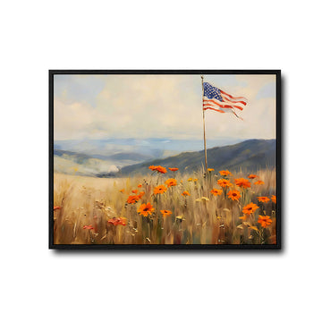 Country Landscape American Flag & Golden Wildflower Field Framed Canvas Print, Farmhouse Independence Day Wall Art