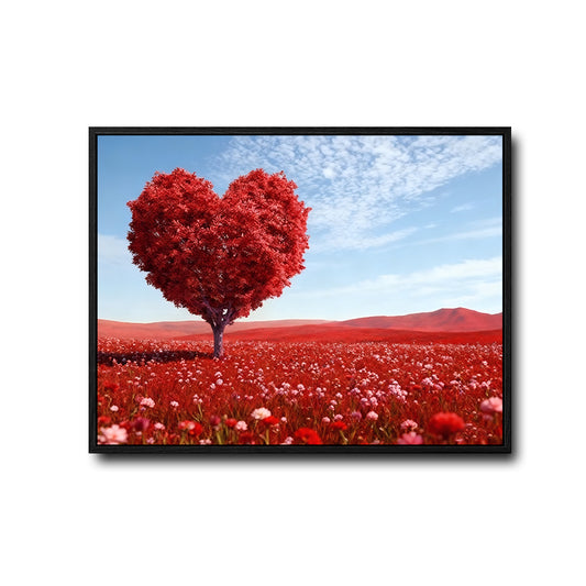 Valentine Red Heart‑Shaped Tree Canvas Wall Art, Romantic Heart Tree in Red Wildflower Field Framed Canvas Print, Love Theme Living Room Bedroom Wall Decor