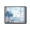 Light Blue Hydrangea Ocean Window Wall Print, Butterfly Seaside Scenery Canvas for Living Room Bathroom Decor