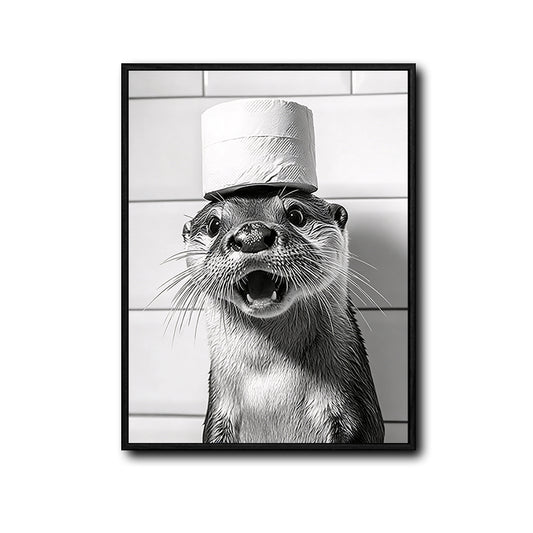 Black White Otter With Toilet Paper Roll Hat Canvas Wall Art Funny Animal Bathroom Restroom Wall Decor