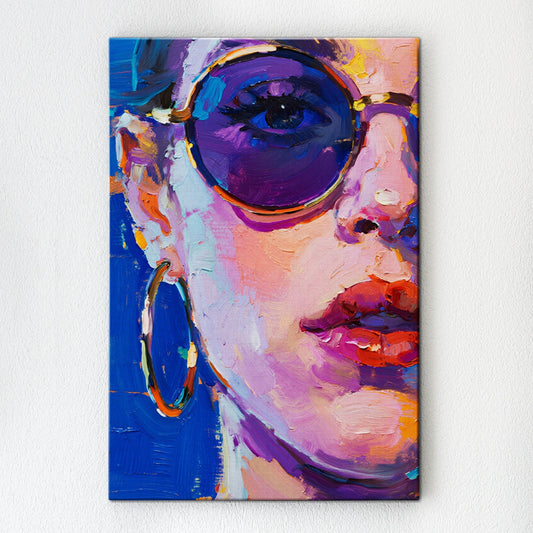 wall art painting depicts woman wearing round sunglasses and large hoop earrings