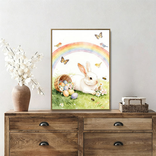 Easter Bunny Rainbow Wall Art Framed, Cute White Rabbit with Eggs Canvas Print, Light Oak Wooden Frame, Spring Nursery & Kids Room Decor, Vintage Watercolor Easter Decoration