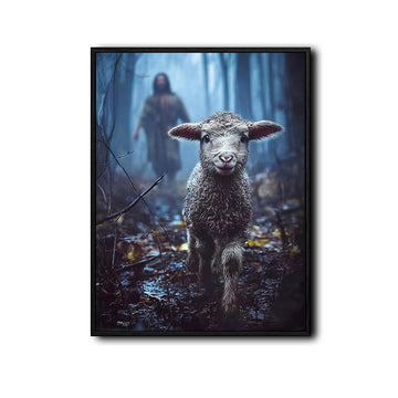 Good Shepherd Jesus Chasing Lost Lamb In Moody Misty Forest Framed Canvas Print, Inspirational Biblical Christian Wall Art