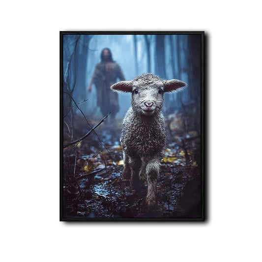 Good Shepherd Jesus Chasing Lost Lamb In Moody Misty Forest Framed Canvas Print, Inspirational Biblical Christian Wall Art
