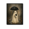 Vintage Ghost Holding Black Cat Umbrella Rainy Halloween Framed Wall Art Print