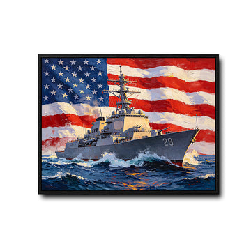 Patriotic Navy Warship American Flag Canvas Wall Art, US Destroyer Battleship Ocean Military Canvas Painting