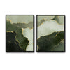 2 Piece Muted Dark Emerald Green Gold Line Abstract Canvas Prints Modern Organic Fluid Ink Neutral Wall Art