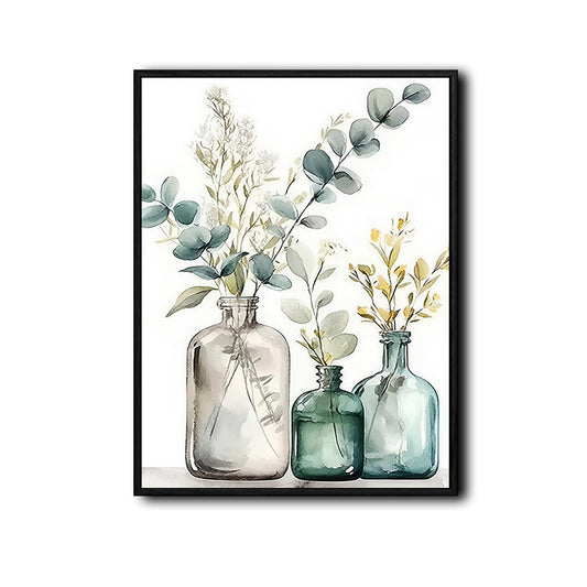 Minimalist Botanical Canvas Wall Art, Eucalyptus Leaves in Vintage Glass Bottles Soft Watercolor Poster
