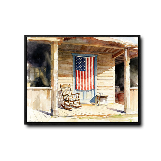Watercolor American Flag Front Porch Rocking Chair Canvas Wall Art, Rustic Farmhouse Wooden Cabin Patriotic Canvas Print, Country Home Decor