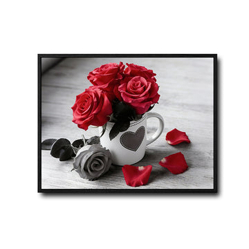 Valentine Red Rose Mug Canvas Wall Art, Heart Cup Gray Rose Petals Rustic Wooden Background Framed Canvas Print, Romantic Bedroom Kitchen Wall Decor