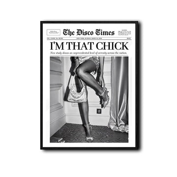 I'm That Chick Newspaper Wall Art, Retro Disco Times Poster, Black White Fashion Canvas Print, Trendy Girl Room Wall Decor