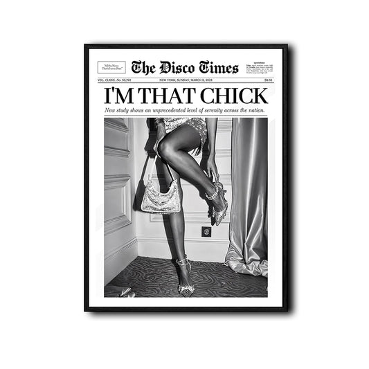 I'm That Chick Newspaper Wall Art, Retro Disco Times Poster, Black White Fashion Canvas Print, Trendy Girl Room Wall Decor