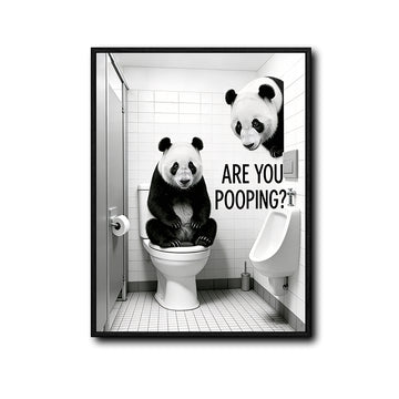 Two Pandas Are You Pooping Funny Quote Canvas Wall Art Black White Panda Bathroom Restroom Wall Decor