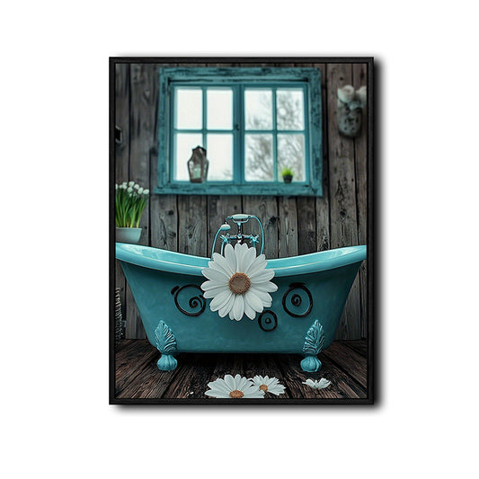 Vintage Rustic Bath Wall Decor, Turquoise Clawfoot Bathtub White Daisy Weathered Wood Window Canvas Art, Vertical Shabby Chic Cottage Bathroom Artwork