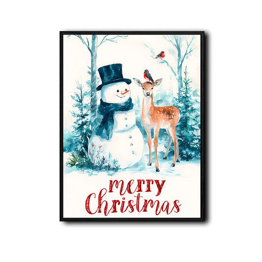 Merry Christmas Watercolor Canvas Print, Snowman Reindeer Bird Winter Forest Scene Holiday Wall Art