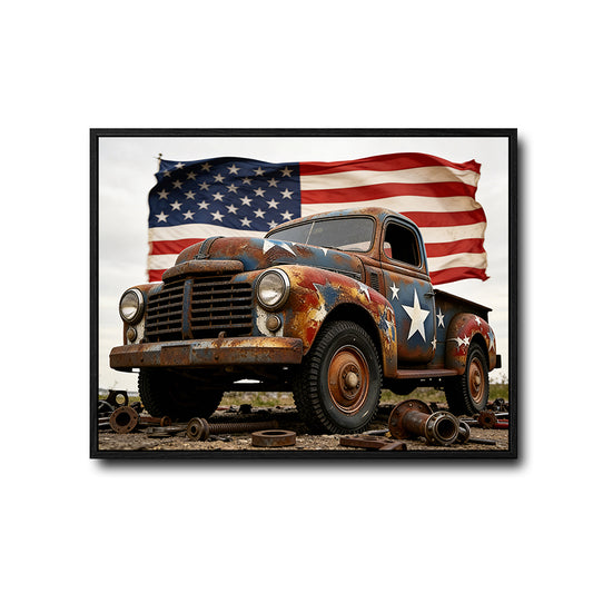 Rustic Vintage Truck Canvas Print | American Flag Patriotic Wall Art Garage Man Cave Decor