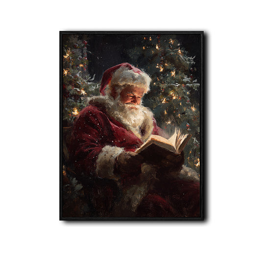 Festive Vintage Santa Claus Framed Wall Art, Santa Reading Book Christmas Oil Painting Style Decor for Holiday Gift