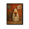 Vintage Ghost Holding Marigold Flower Folk Art Halloween Framed Wall Art Print