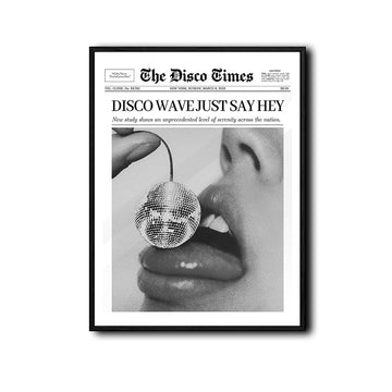 The Disco Times Disco Wave Just Say Hey Poster, Vintage Newspaper Black White Disco Ball Print, Aesthetic Dorm Bar Cart Wall Art