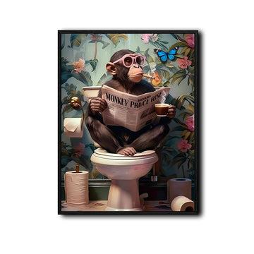 Quirky Chimpanzee Toilet Wall Art, Monkey With Pink Glasses Coffee Newspaper Tropical Bathroom Canvas Poster