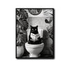 Black And White Black Cat Reading Newspaper On Toilet Canvas Wall Art Funny Tropical Bathroom Wall Deco